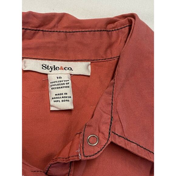 Style & Co Women Button Up Tab Sleeve Shirt Red Black Long Sleeve sz 10 - Picture 8 of 11